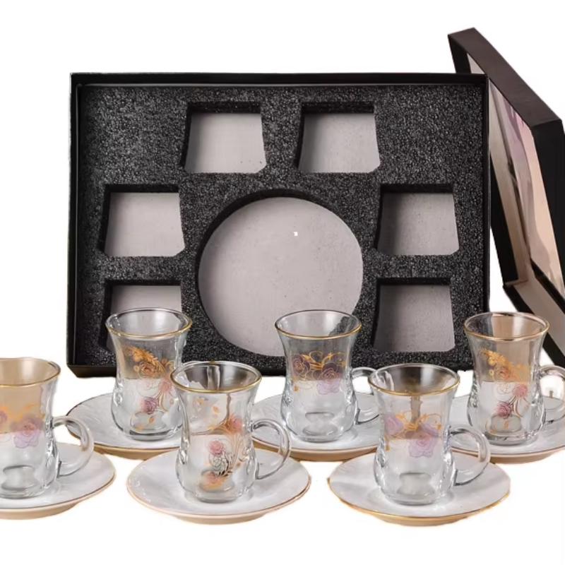Gold Floral Rim Glass Tea Cup Gift Box Set for Home Tea Party