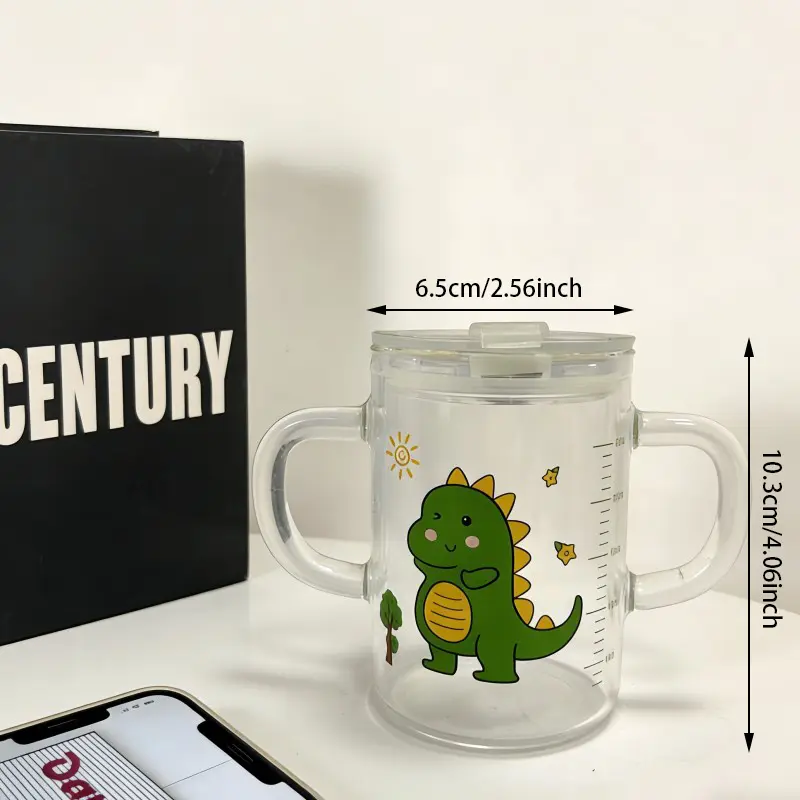 Kids'Dual-Handle Glass Sippy Cup with Dinosaur Print