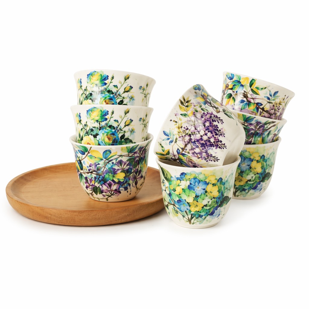 Watercolor Floral Ceramic Teacup 8Pcs ຊຸດຂອງຂວັນສໍາລັບການຮັບໃຊ້ຊາ